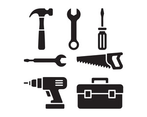 Construction and repair tools, hammer, wrench, screwdriver, hand saw, drill machine, toolbox black vector silhouettes illustration design set collection, construction tools silhouette, repair tools