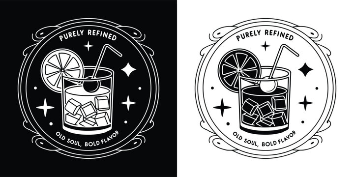 A black and white illustration of a cocktail with ice, a slice of lemon, and a straw, set within a circular emblem with stars and text