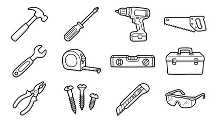 Handyman's essential tool kit for home repairs and DIY projects, featuring hammer, screwdriver, drill, saw, wrench, tape measure and safety glasses