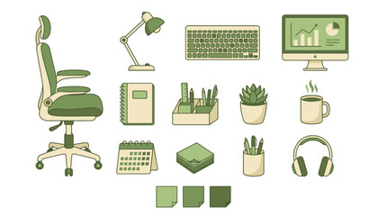 Organized workspace essentials for productive remote work, featuring ergonomic chair, computer, and coffee for a vibrant, calm, and creative environment