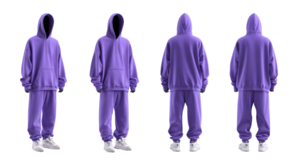 Four views of a purple hooded tracksuit outfit isolated on transparent background