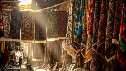 Sunlight Illuminates Traditional Rugs in a Bustling Bazaar