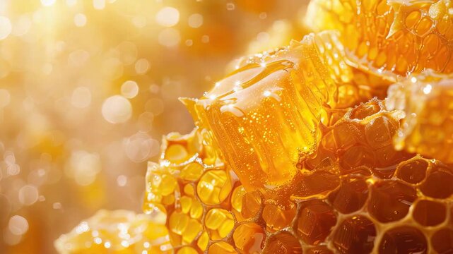 close-up of honey in honeycombs. Selective focus