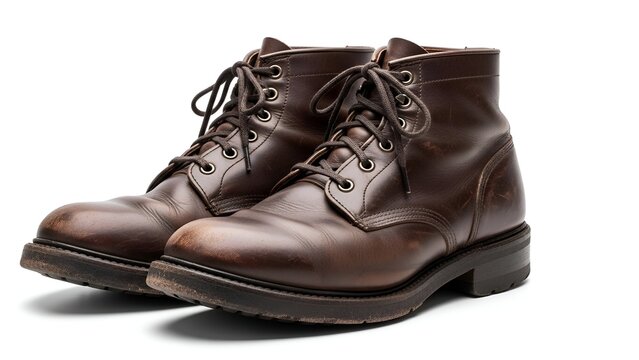 Pair of well-worn, brown leather ankle boots with laces and rugged soles, white bkg