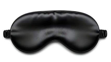 Sleek black sleep mask, silken texture, curved design, elastic strap, isolated on white