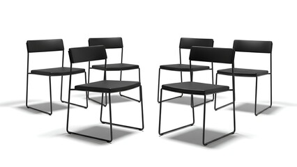 Six matching minimalist chairs with black frames and seats on a white background