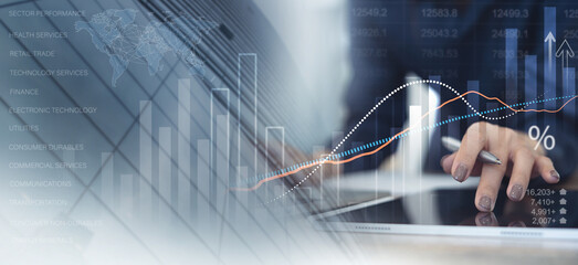 Business, finance and investment concept. Businesswoman, finance analyst analyzing financial data with economic graph growth chart, Business strategy and planning. market research