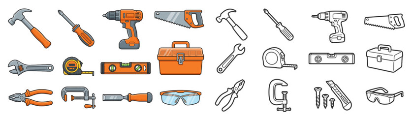 Handyman's essential toolkit with hammer, screwdriver, drill, saw, wrench, tape measure, level, toolbox, pliers, clamp, chisel, and safety glasses