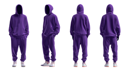 Four views of a purple hooded tracksuit isolated on transparent background