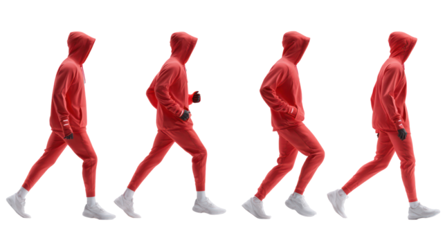 Four red figures in running poses isolated on transparent background - Powered by Adobe