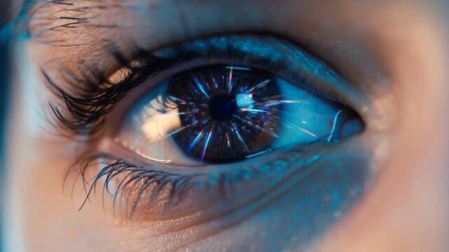 Extreme macro closeup of a human eye with futuristic digital interface reflections in the pupil. Concept of artificial intelligence, biometric scanning, augmented reality, data processing, cyber techn