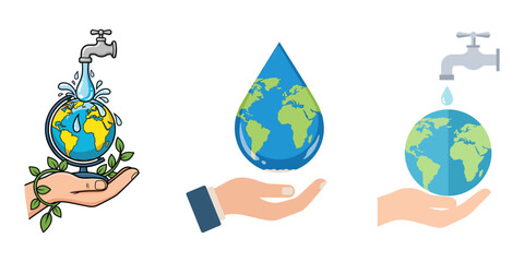 Save Water Concept with Globe, Water Drop, and Faucet