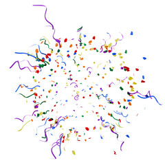 dynamic explosion of multicolor party confetti. isolated 3d render of vivid rainbow streamers and shapes for festive designs.