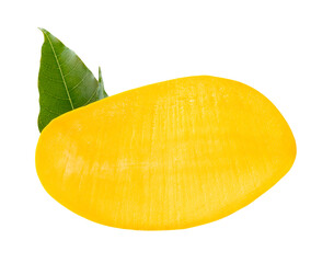 A half of ripe yellow mango fruit with green leaves isolated with clipping path in png file format