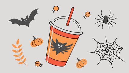 Festive halloween themed illustration with a spooky bat drink cup, spider, web, pumpkin, candy, and autumn leaf, perfect for holiday events and fall designs