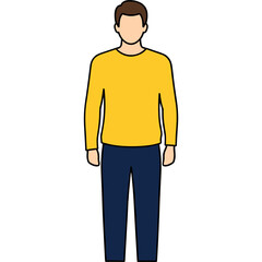 Fototapeta premium Full Body Portrait of a Man Standing Wearing a Yellow Long Sleeve Shirt and Dark Blue Pants Against a Black Background