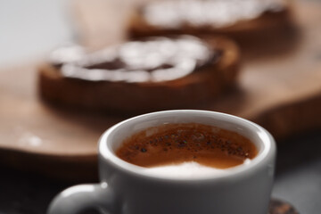 sweet breakfast with ciabatta with chocolate spread and cup of espresso