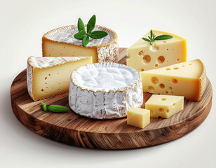 Assorted gouda, brie, and cheddar arranged on a rustic wooden cheese board