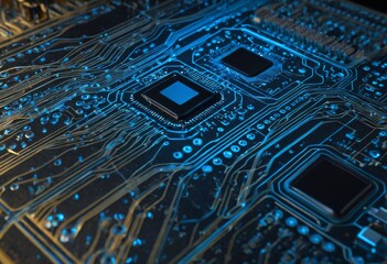 Electronic Circuit Board with a Blue Glowing CPU Chip