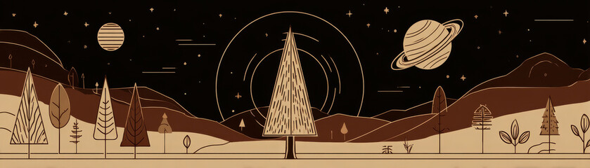 Magical, whimsical Christmas tree banner illustration with gold planet and star cosmic night sky. Serene winter landscape