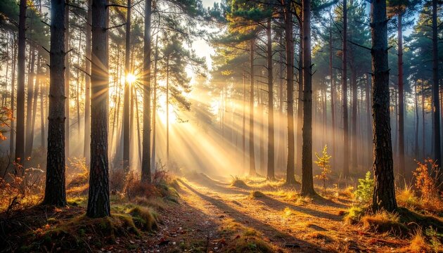 Sunlight beams piercing through a misty pine forest on a peaceful morning, creating a magical atmosphere