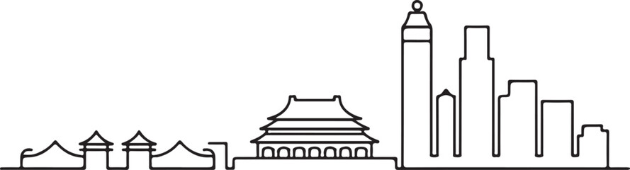 Continuous line illustration of the Beijing skyline with the Forbidden City roofline in a minimal elegant outline drawing