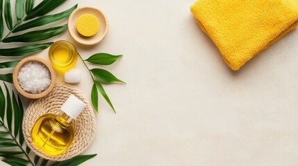 Naklejka na ściany i meble Spa Essentials: An overhead view of spa essentials featuring a serene setting of oil, sea salt, towel and plants and other accessories, the setting is a symbol of self-care.