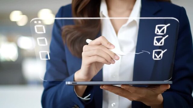 Virtual Checklist and Form Completion Interface. Digital Task Management with Stylus and Tablet. Modern Professional Organization Tools.