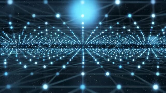 Abstract visualization of small interconnected glowing dots in a wireframe network rapidly pulsating and softly dispersing outwards in a continuous looping motion system, communication, web