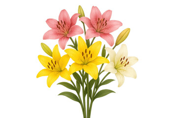 Fototapeta premium Vibrant bouquet of lilies featuring pink, yellow, and white blossoms with green stems and leaves, transparent background