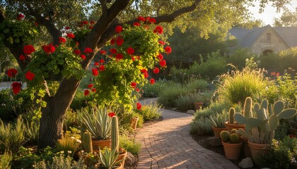 Sunlit garden path winding through lush greenery and blooming red roses