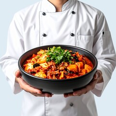 한식요리를 들고있는 요리사