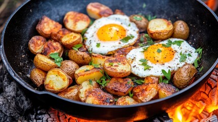 Hearty Skillet Breakfast: A sizzling skillet overflows with golden-brown fried potatoes and perfectly cooked sunny-side-up eggs, evoking the comforting essence of a warm breakfast.