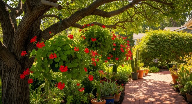 Lush garden path with hanging red flowers and dappled sunlight