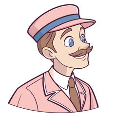 Cheerful cartoon man in a pink hat and jacket with a mustache