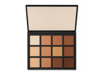 Neutral eyeshadow palette with mirror and various warm tone shades for beauty and contouring makeup, transparent background