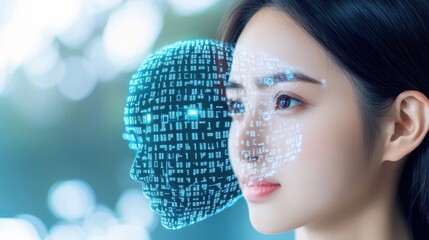 Digital Identity: A serene individual experiences the seamless fusion of technology and identity, where a digital avatar merges with the human form.
