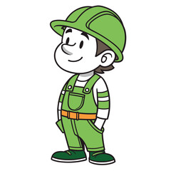Cartoon construction worker boy wearing green hard hat and overalls with a smile
