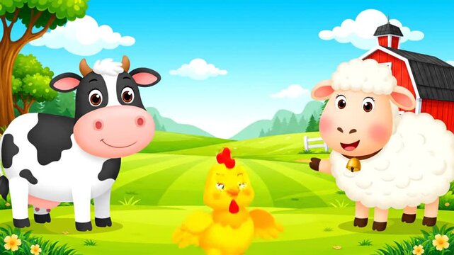 Cute Cartoon Farm Animals Cow Sheep and Chicken on Sunny Pasture with Barn Illustration