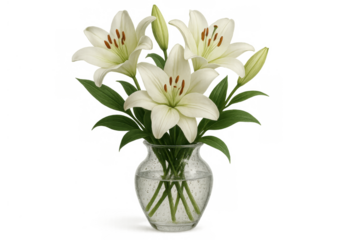 White lilies bouquet in a glass vase with water drops, symbolizing purity and new beginnings. Transparent background