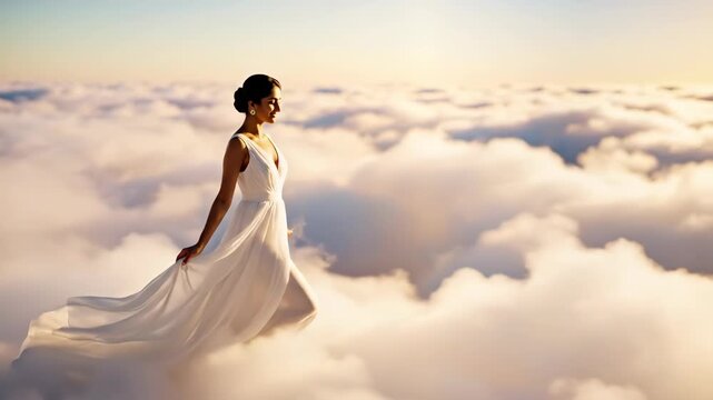 Woman in white dress walks on clouds at sunrise, looking around with dreamy expression, celestial journey concept. Color of the year 2026