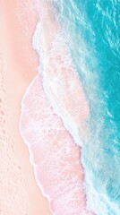 Fototapeta premium Ocean Meets Beach: Captured from an aerial perspective, the turquoise water gracefully merges with a delicate pink beach, showcasing a harmonious dance of nature's elements.