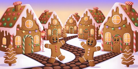 Whimsical gingerbread village scene with happy gingerbread men and festive houses