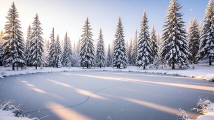 Snowy winter landscape with frozen lake, evergreen trees, and soft sunlight
