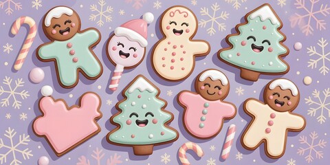 Cute gingerbread man and christmas tree cookies with candy cane on purple background 70