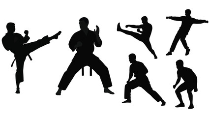 Silhouette illustrations depicting various dynamic karate poses and martial arts action