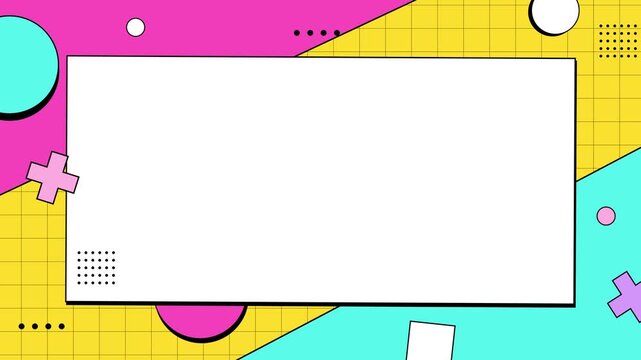 Colorful Memphis geometric background with copy space frame for text or title. Perfect for intro, presentation, template, opener, or playful creative projects.