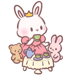 Kawaii bunny princess at tea party with bear and bunny friends cute pastel rabbit illustration adorable fairytale teatime scene children storybook style