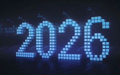 3d blue cubes form the year 2026 on a dark, futuristic digital background
