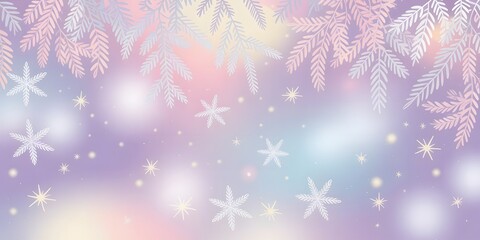Soft pastel winter scene with snowflakes and pine branches, dreamy bokeh effect